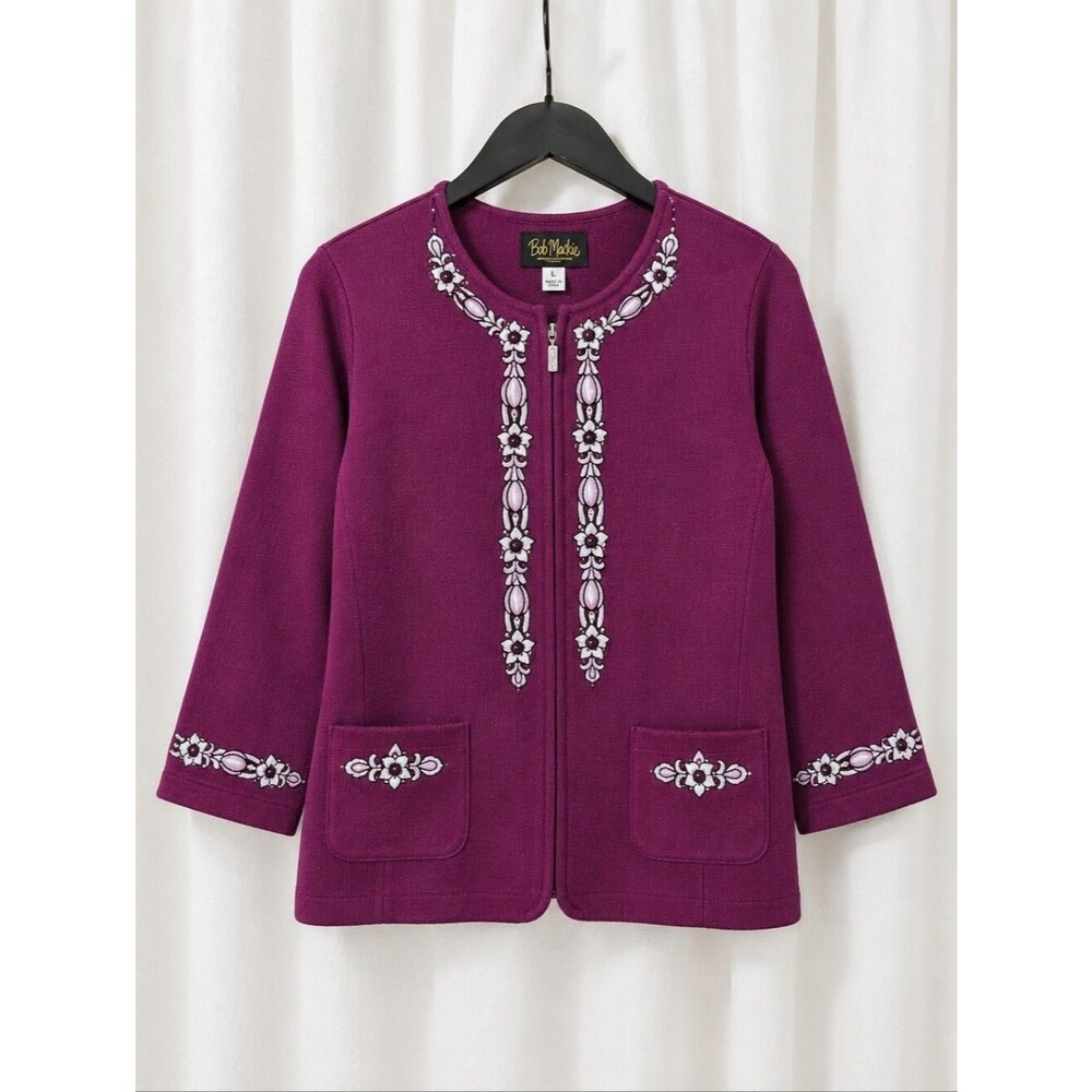 Bob Mackie Wearable Art Magenta Floral Embellished Zip Front Knit Cotton Jacket